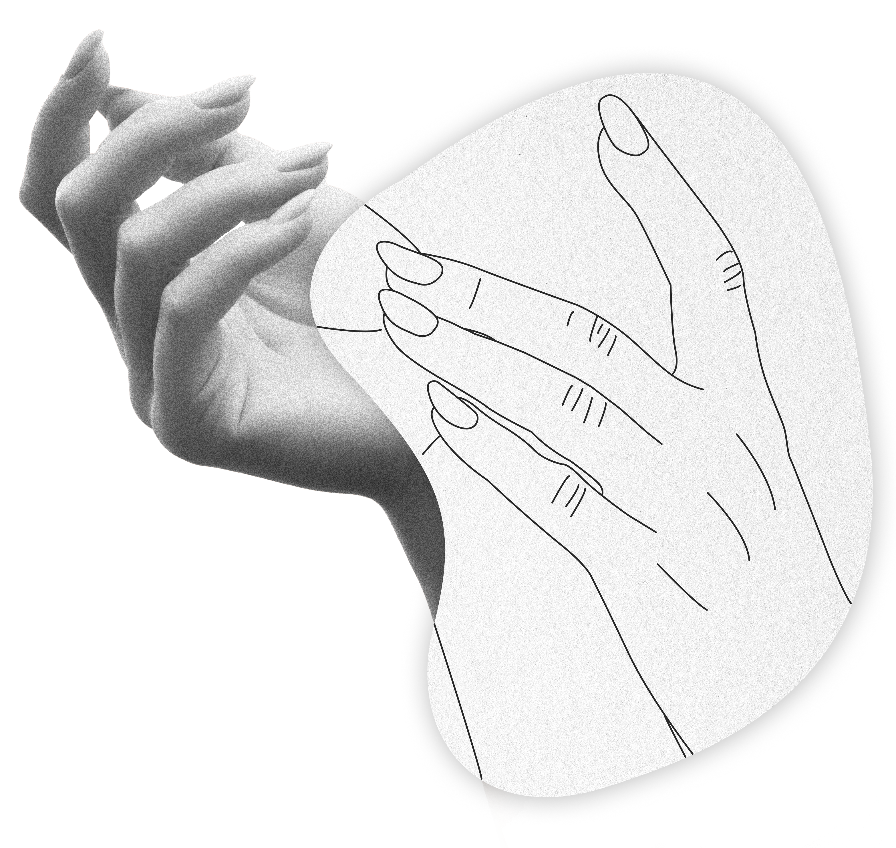 Uma mão delicadamente tocando a palma da outra, sendo que é uma foto em preto-e-branco mesclada com desenho de linhas finas.
